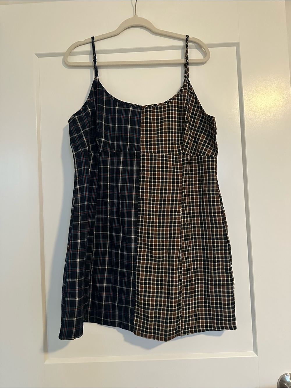 Two-Tone Plaid Spaghetti Strap Mini Dress in Black and Brown